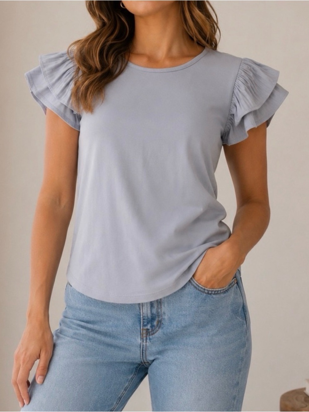 Adrianna Papell Light Blue Ruffle Sleeve Tee